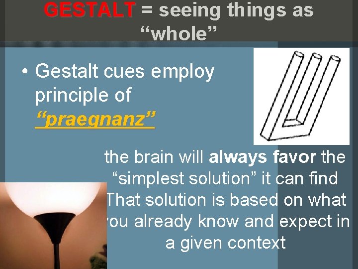 GESTALT = seeing things as “whole” • Gestalt cues employ principle of “praegnanz” the