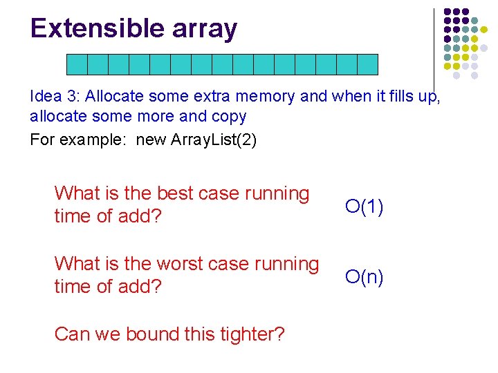 Extensible array Idea 3: Allocate some extra memory and when it fills up, allocate