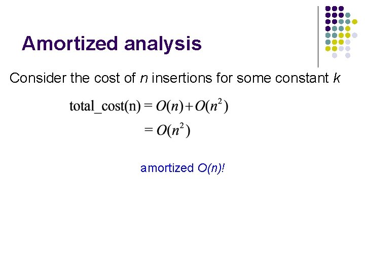 Amortized analysis Consider the cost of n insertions for some constant k amortized O(n)!
