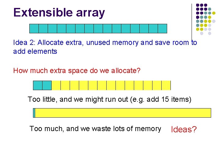 Extensible array Idea 2: Allocate extra, unused memory and save room to add elements