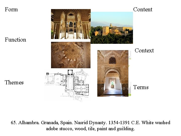 Form Content Function Context Themes Terms 65. Alhambra. Granada, Spain. Nasrid Dynasty. 1354 -1391