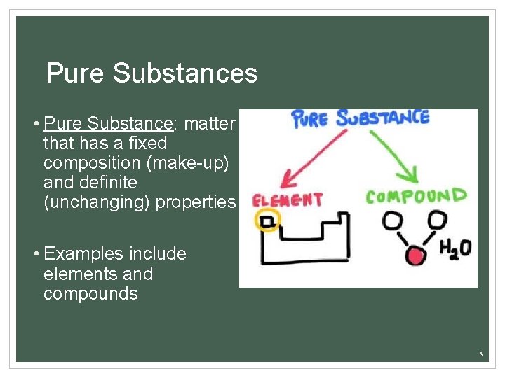 Pure Substances • Pure Substance: matter that has a fixed composition (make-up) and definite