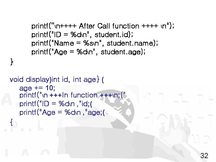 printf(“n++++ After Call function ++++ n"); printf("ID = %dn", student. id); printf("Name = %sn",