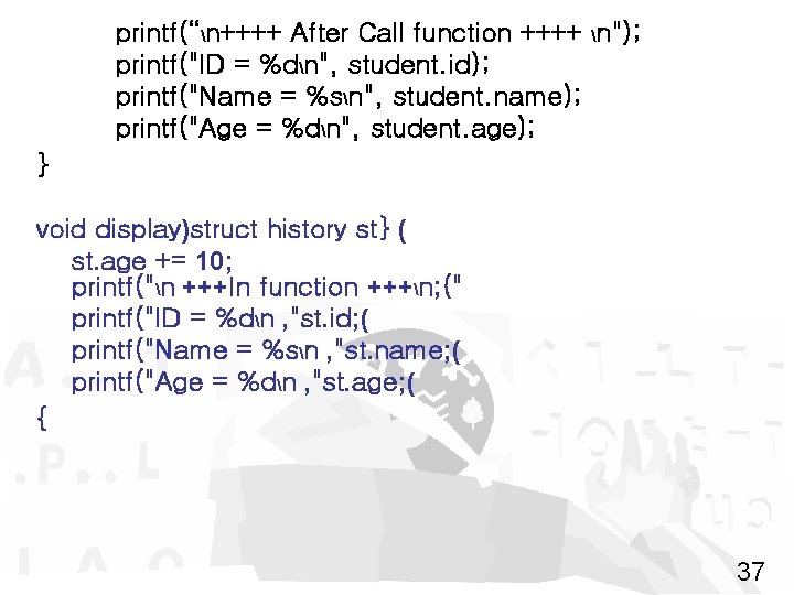 printf(“n++++ After Call function ++++ n"); printf("ID = %dn", student. id); printf("Name = %sn",