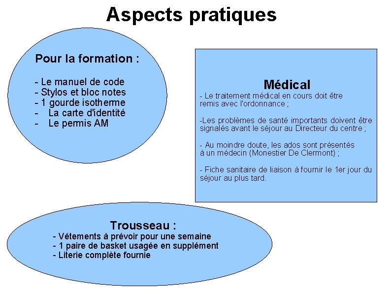 Aspects pratiques Pour la formation : - Le manuel de code - Stylos et