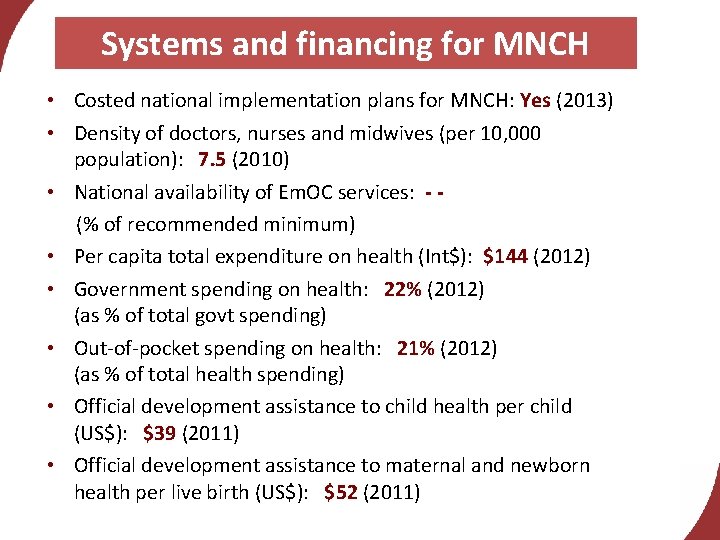 Systems and financing for MNCH • Costed national implementation plans for MNCH: Yes (2013)