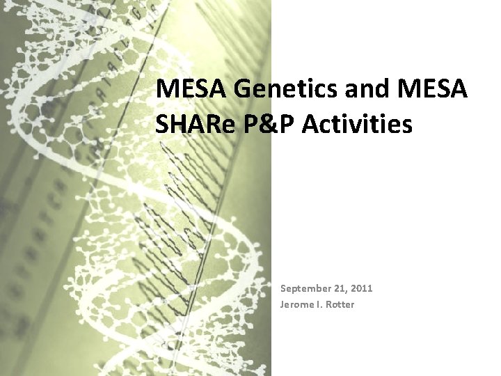 MESA Genetics and MESA SHARe P&P Activities September 21, 2011 Jerome I. Rotter 