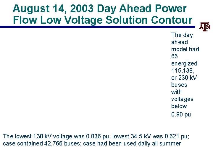 August 14, 2003 Day Ahead Power Flow Low Voltage Solution Contour The day ahead