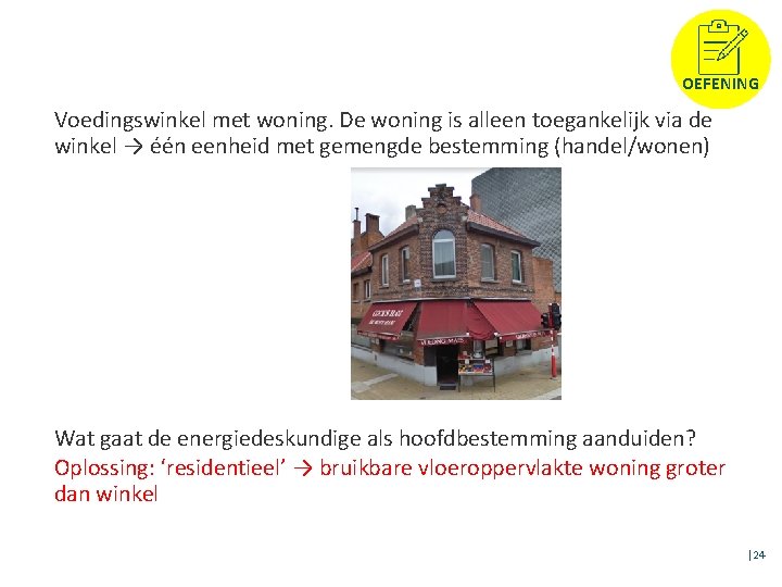 OEFENING Voedingswinkel met woning. De woning is alleen toegankelijk via de winkel → één