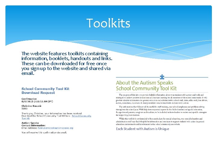 Toolkits The website features toolkits containing information, booklets, handouts and links. These can be