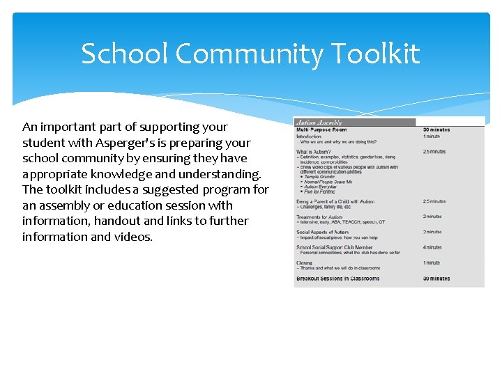 School Community Toolkit An important part of supporting your student with Asperger's is preparing