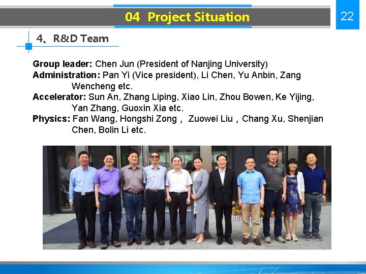 04 Project Situation 4、R&D Team Group leader: Chen Jun (President of Nanjing University) Administration: