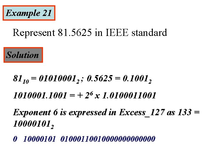 Example 21 Represent 81. 5625 in IEEE standard Solution 8110 = 010100012 ; 0.