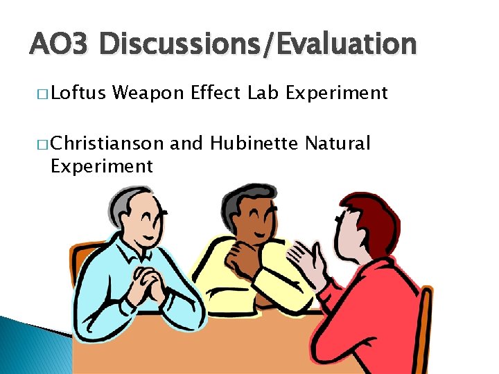 AO 3 Discussions/Evaluation � Loftus Weapon Effect Lab Experiment � Christianson Experiment and Hubinette