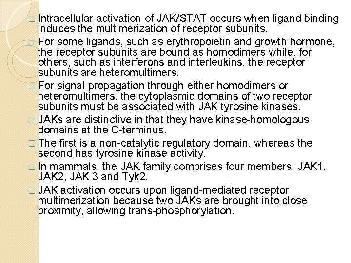 � Intracellular activation of JAK/STAT occurs when ligand binding induces the multimerization of receptor