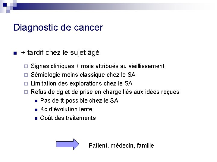 Diagnostic de cancer n + tardif chez le sujet âgé Signes cliniques + mais