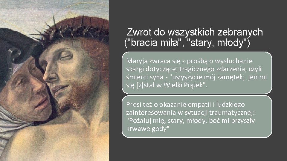 Zwrot do wszystkich zebranych ("bracia miła", "stary, młody") Maryja zwraca się z prośbą o