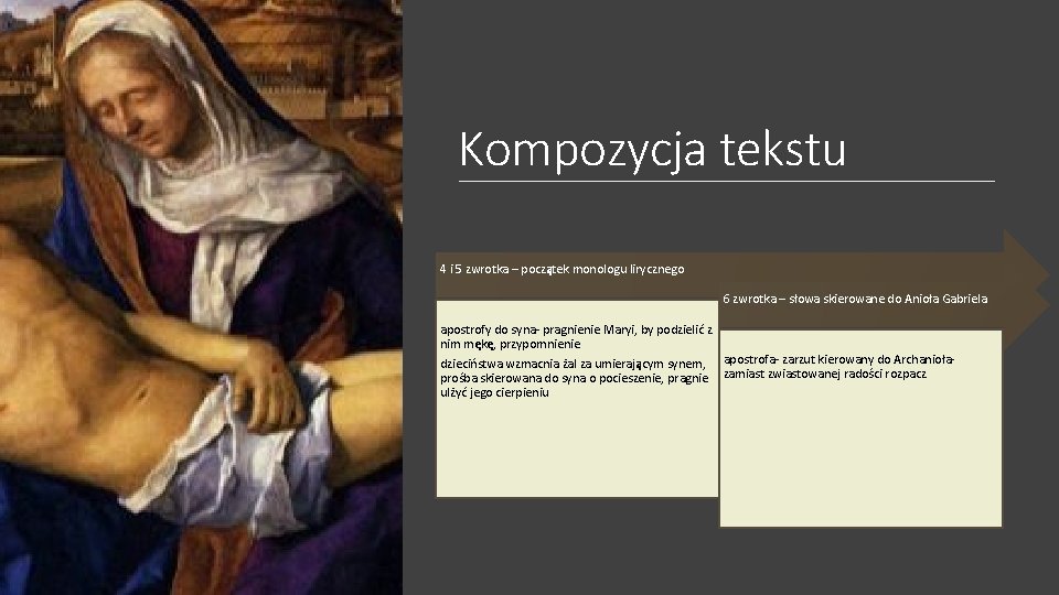Kompozycja tekstu 4 i 5 zwrotka – początek monologu lirycznego 6 zwrotka – słowa Kompozycja tekstu 4 i 5 zwrotka – początek monologu lirycznego 6 zwrotka – słowa