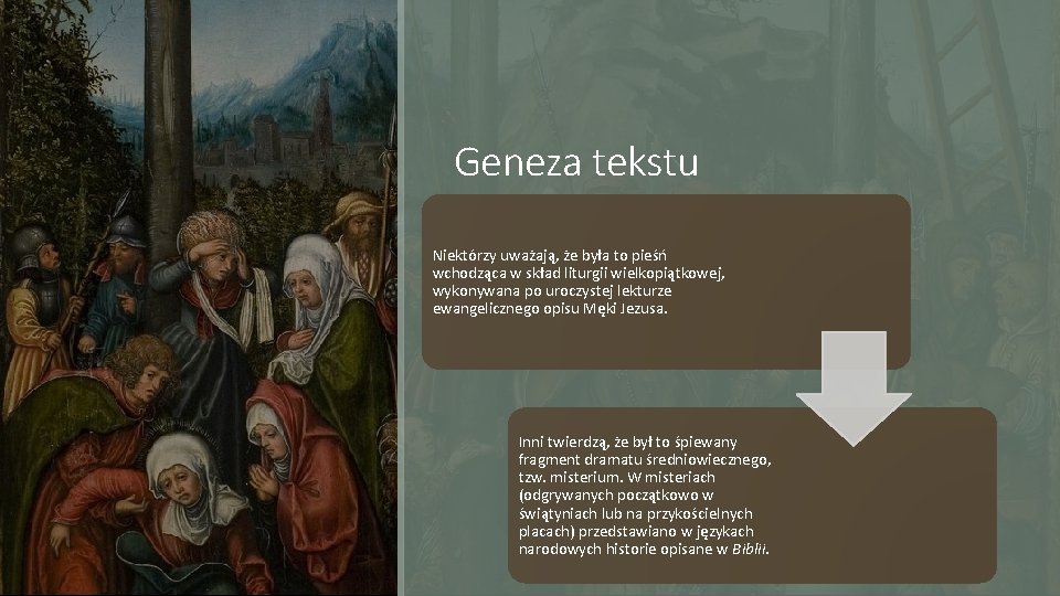 Geneza tekstu Niektórzy uważają, że była to pieśń wchodząca w skład liturgii wielkopiątkowej, wykonywana