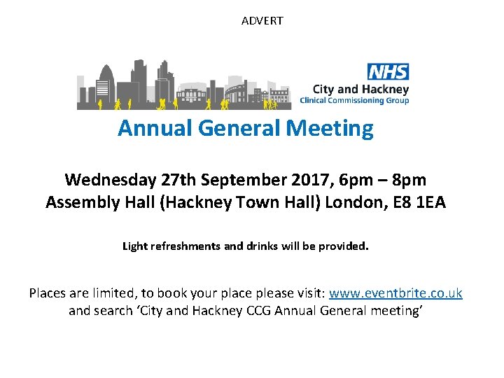 ADVERT Annual General Meeting Wednesday 27 th September 2017, 6 pm – 8 pm