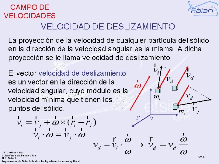 CAMPO DE VELOCIDADES VELOCIDAD DE DESLIZAMIENTO La proyección de la velocidad de cualquier partícula