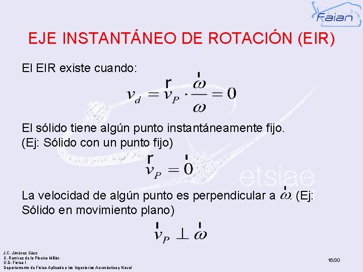EJE INSTANTÁNEO DE ROTACIÓN (EIR) El EIR existe cuando: El sólido tiene algún punto