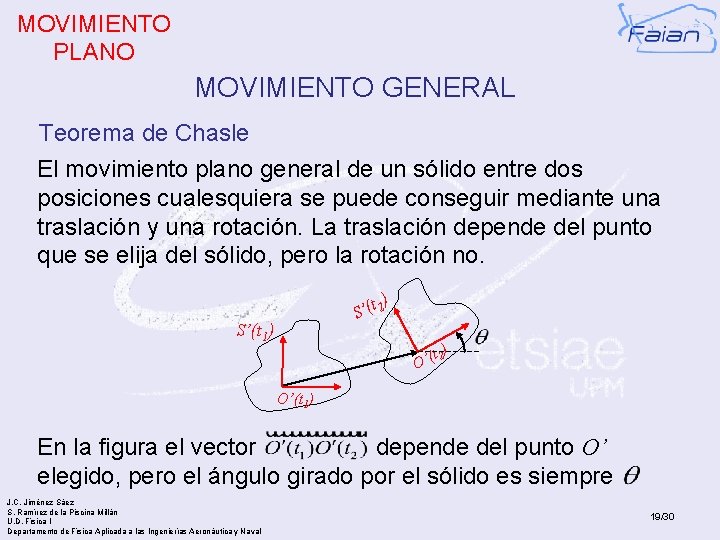 MOVIMIENTO PLANO MOVIMIENTO GENERAL Teorema de Chasle El movimiento plano general de un sólido
