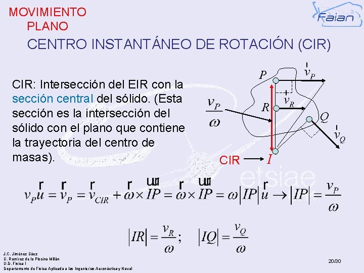 MOVIMIENTO PLANO CENTRO INSTANTÁNEO DE ROTACIÓN (CIR) CIR: Intersección del EIR con la sección