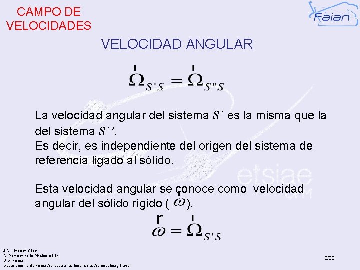 CAMPO DE VELOCIDADES VELOCIDAD ANGULAR La velocidad angular del sistema S’ es la misma
