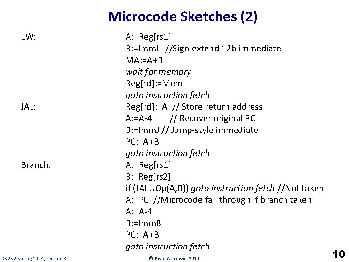 Microcode Sketches (2) LW: JAL: Branch: CS 252, Spring 2014, Lecture 3 A: =Reg[rs
