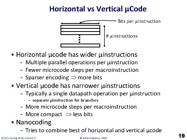 Horizontal vs Vertical µCode Bits per µInstruction # µInstructions § Horizontal µcode has wider