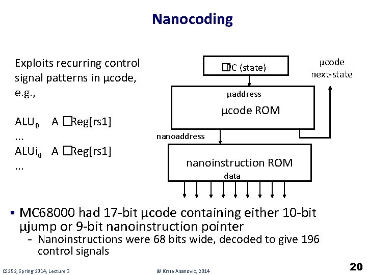 Nanocoding Exploits recurring control signal patterns in µcode, e. g. , ALU 0 A