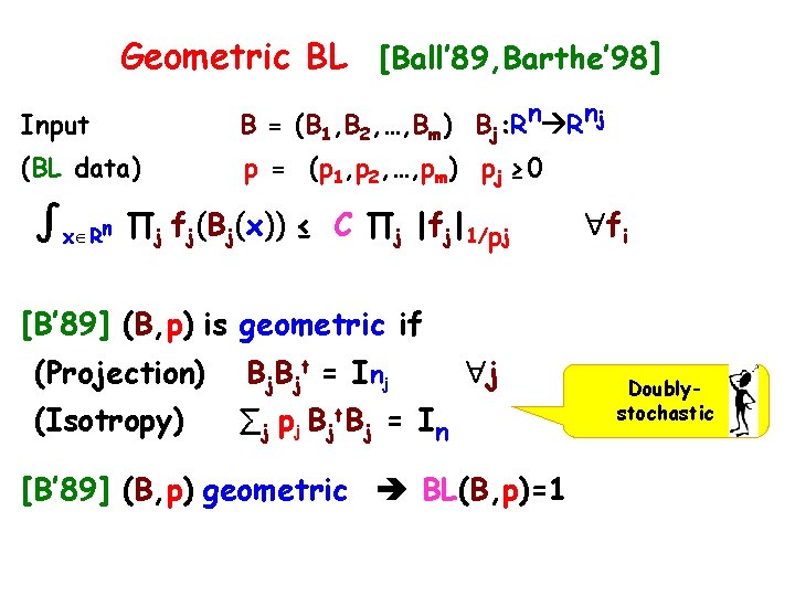 Geometric BL [Ball’ 89, Barthe’ 98] Input B = (B 1, B 2, …,