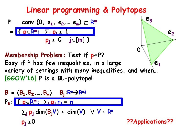 Linear programming & Polytopes e 3 P = conv {0, e 1, e 2,