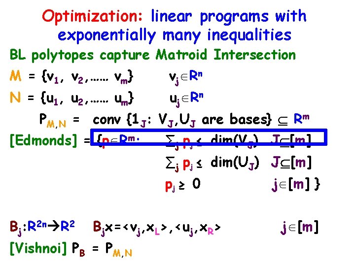Optimization: linear programs with exponentially many inequalities BL polytopes capture Matroid Intersection M =
