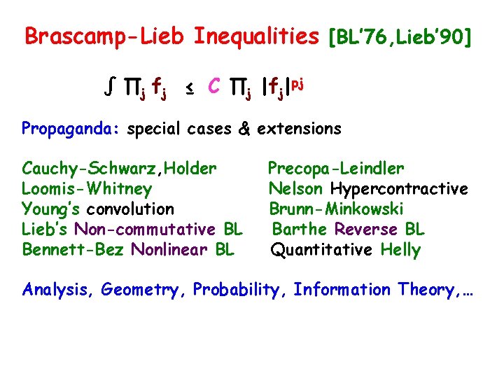 Brascamp-Lieb Inequalities [BL’ 76, Lieb’ 90] ∫ ∏j fj ≤ C ∏j |fj|pj Propaganda: