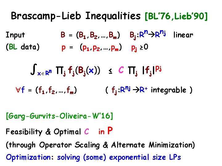 Brascamp-Lieb Inequalities [BL’ 76, Lieb’ 90] Input B = (B 1, B 2, …,