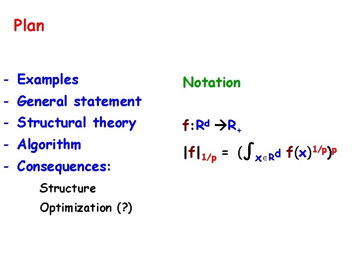 Plan - Examples - General statement - Structural theory - Algorithm - Consequences: Structure