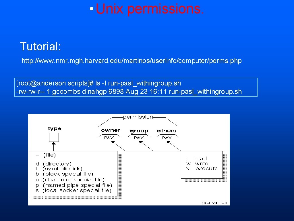  • Unix permissions. Tutorial: http: //www. nmr. mgh. harvard. edu/martinos/user. Info/computer/perms. php [root@anderson