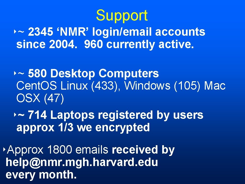 Support ‣~ 2345 ‘NMR’ login/email accounts since 2004. 960 currently active. ‣~ 580 Desktop