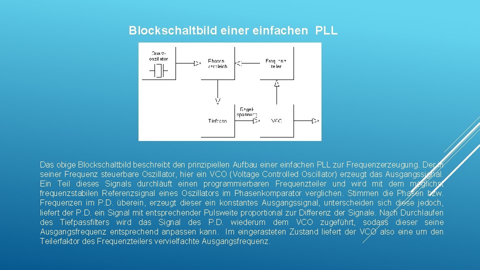 Blockschaltbild einer einfachen PLL Das obige Blockschaltbild beschreibt den prinzipiellen Aufbau einer einfachen PLL Blockschaltbild einer einfachen PLL Das obige Blockschaltbild beschreibt den prinzipiellen Aufbau einer einfachen PLL