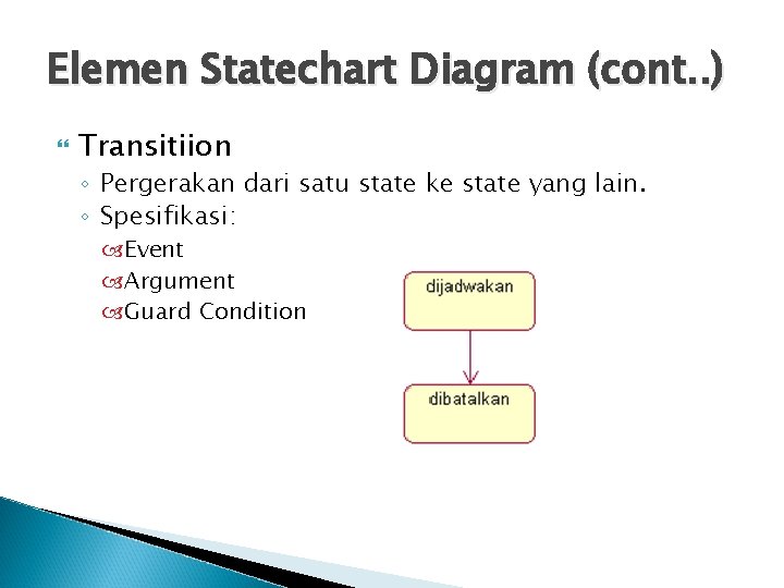 Elemen Statechart Diagram (cont. . ) Transitiion ◦ Pergerakan dari satu state ke state