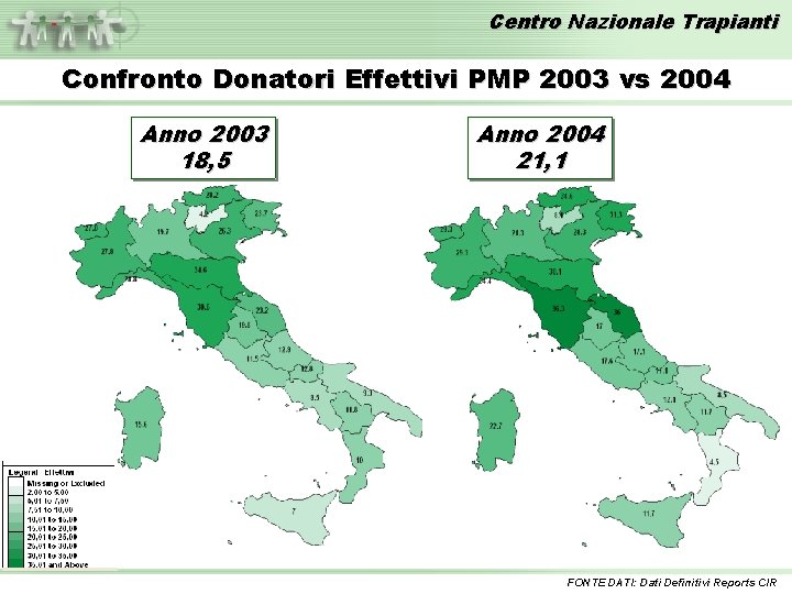 Centro Nazionale Trapianti Confronto Donatori Effettivi PMP 2003 vs 2004 Anno 2003 18, 5