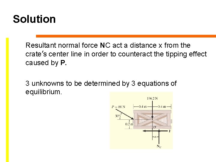 Solution Resultant normal force NC act a distance x from the crate’s center line Solution Resultant normal force NC act a distance x from the crate’s center line