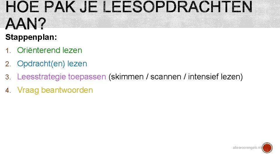 Stappenplan: 1. Oriënterend lezen 2. Opdracht(en) lezen 3. Leesstrategie toepassen (skimmen / scannen /