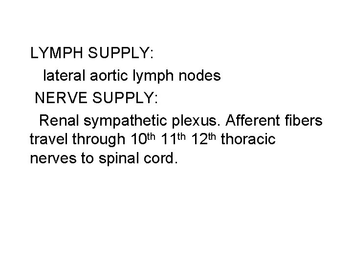 LYMPH SUPPLY: lateral aortic lymph nodes NERVE SUPPLY: Renal sympathetic plexus. Afferent fibers travel