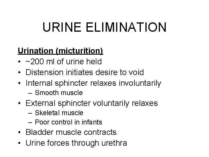 URINE ELIMINATION Urination (micturition) • ~200 ml of urine held • Distension initiates desire