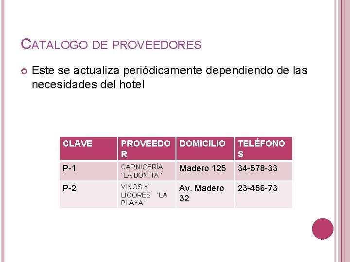 CATALOGO DE PROVEEDORES Este se actualiza periódicamente dependiendo de las necesidades del hotel CLAVE CATALOGO DE PROVEEDORES Este se actualiza periódicamente dependiendo de las necesidades del hotel CLAVE