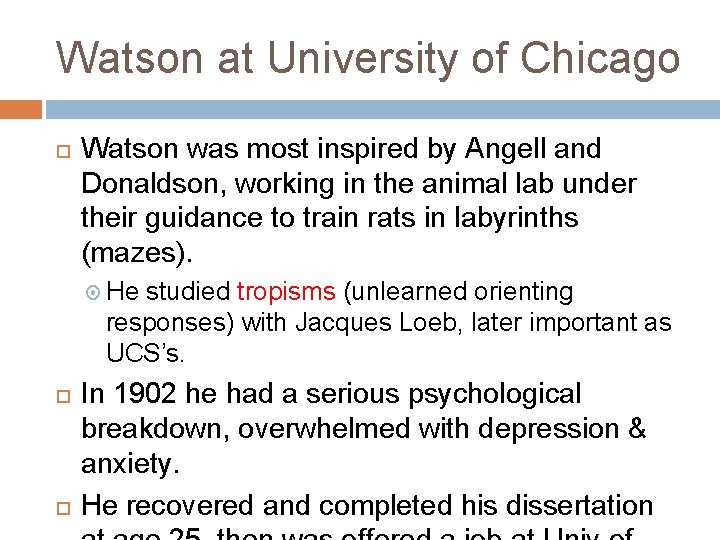 Watson at University of Chicago Watson was most inspired by Angell and Donaldson, working