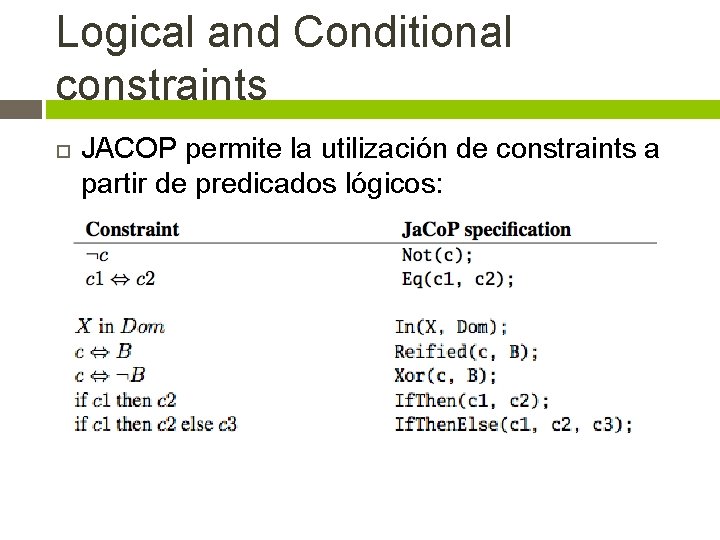 Logical and Conditional constraints JACOP permite la utilización de constraints a partir de predicados